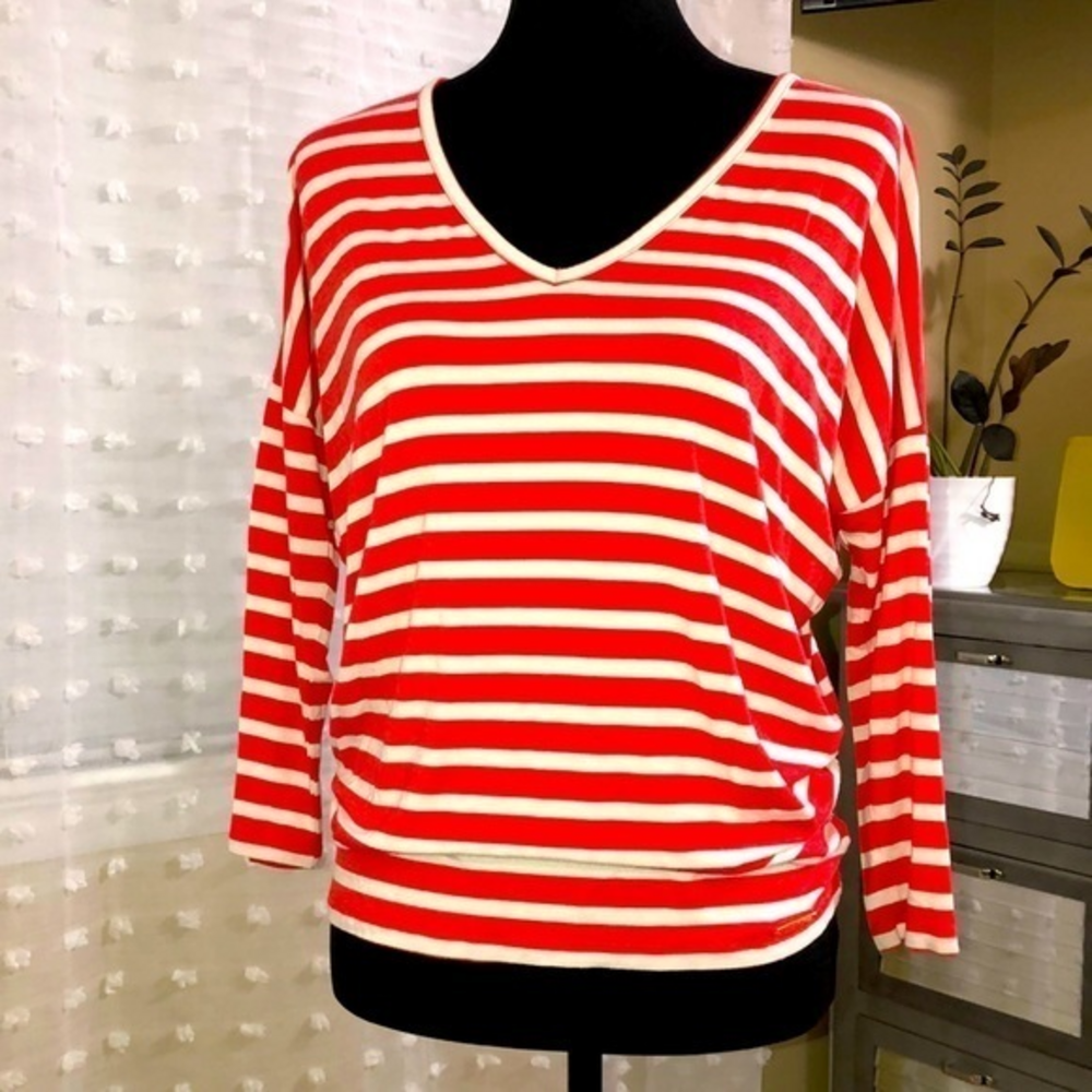 Michael Kors Red and White Striped V-Neck Long Sleeve Top